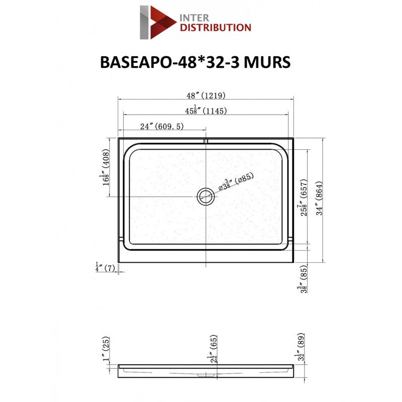 Apollon 48 × 32” base de douche pour alcôve, drain central