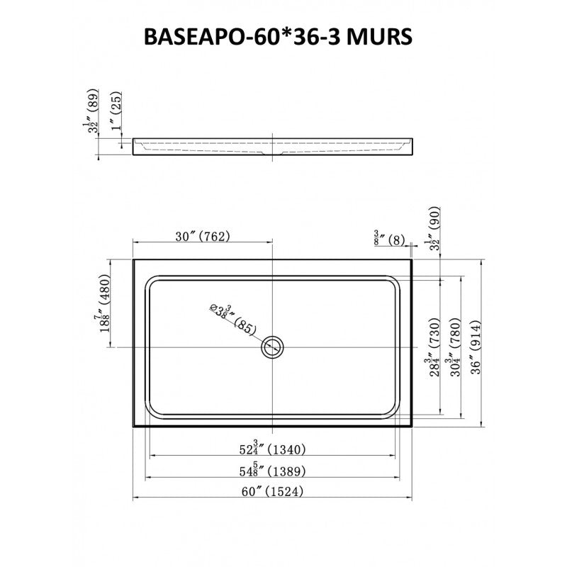 Apollon 60 × 36”, base de douche pour alcôve, drain central