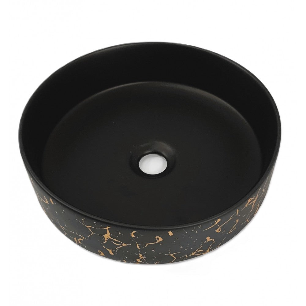 Epona, lavabo rond en porcelaine avec fini noir mat et marbrure dorée