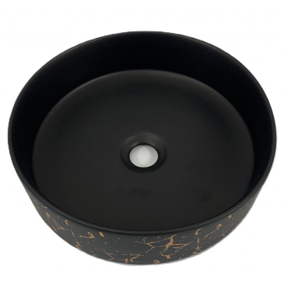 Epona, lavabo rond en porcelaine avec fini noir mat et marbrure dorée