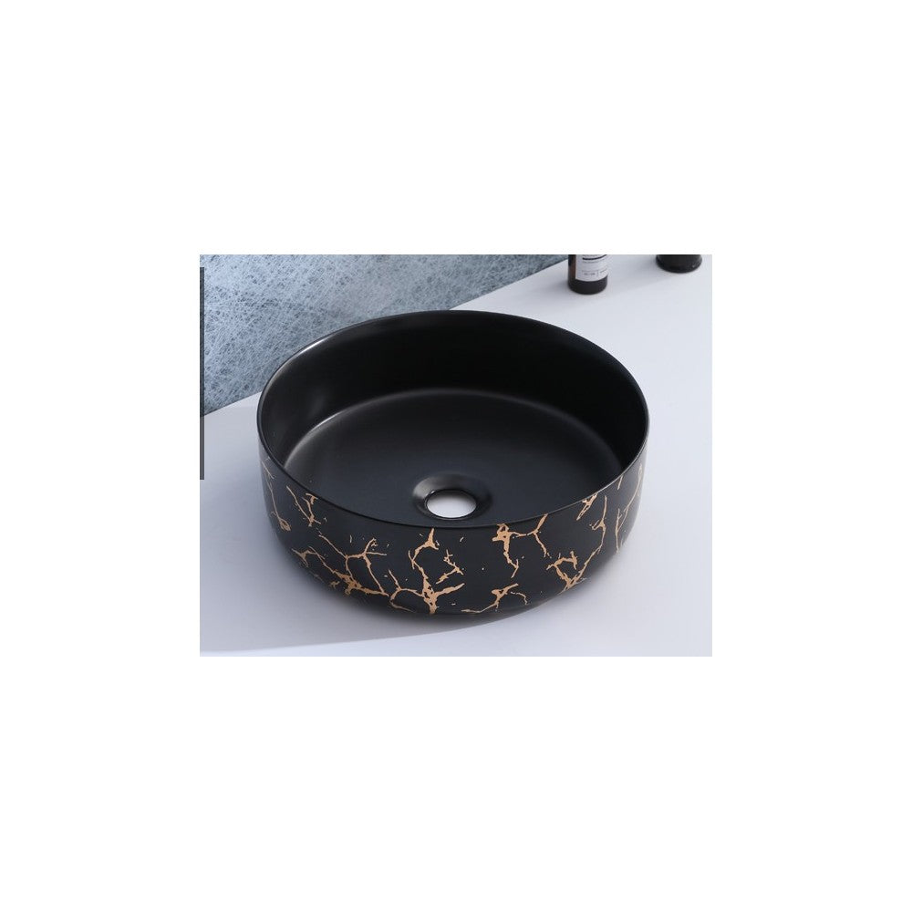 Epona, lavabo rond en porcelaine avec fini noir mat et marbrure dorée