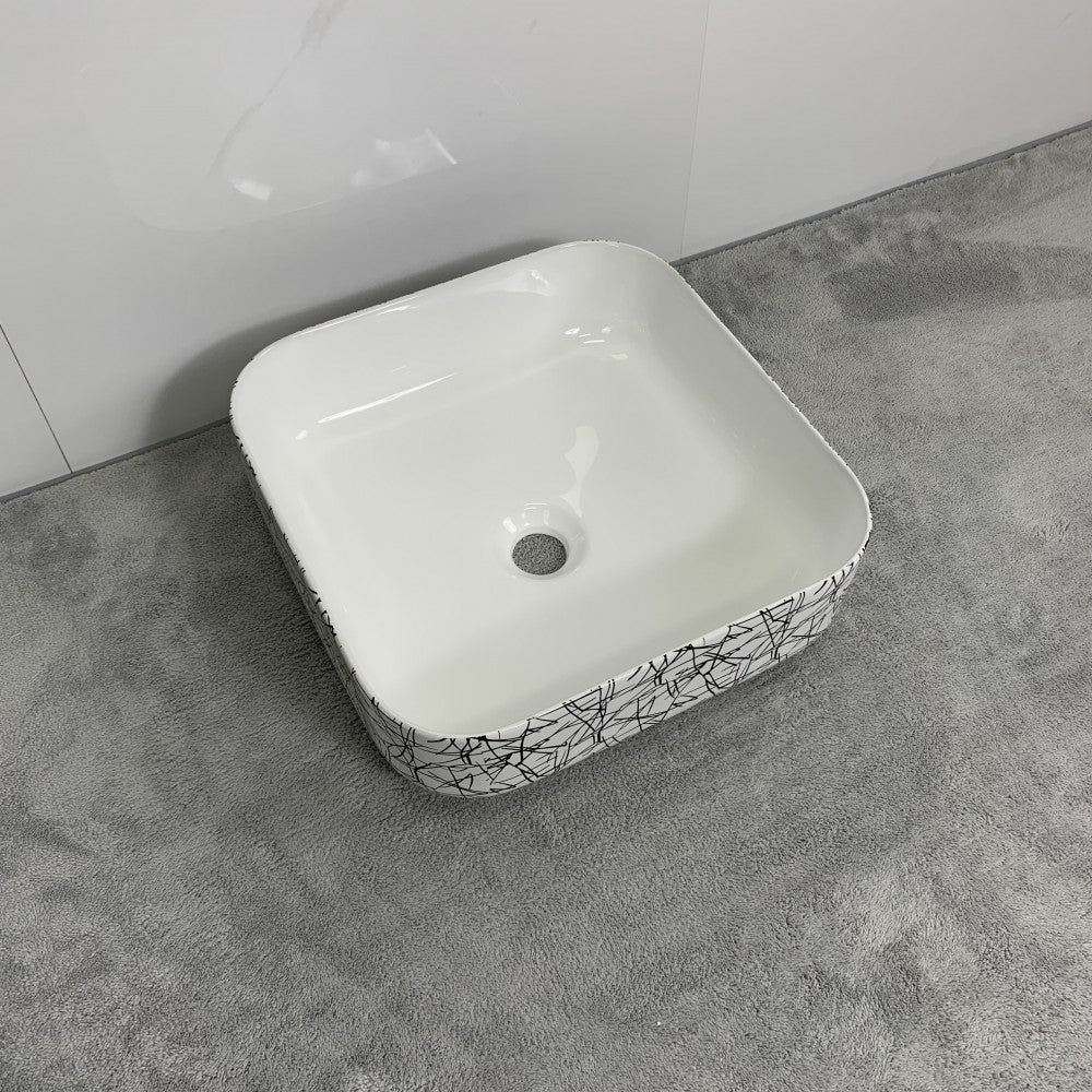 Volva 15", lavabo carré en porcelaine avec fini blanc lustré et graphiques