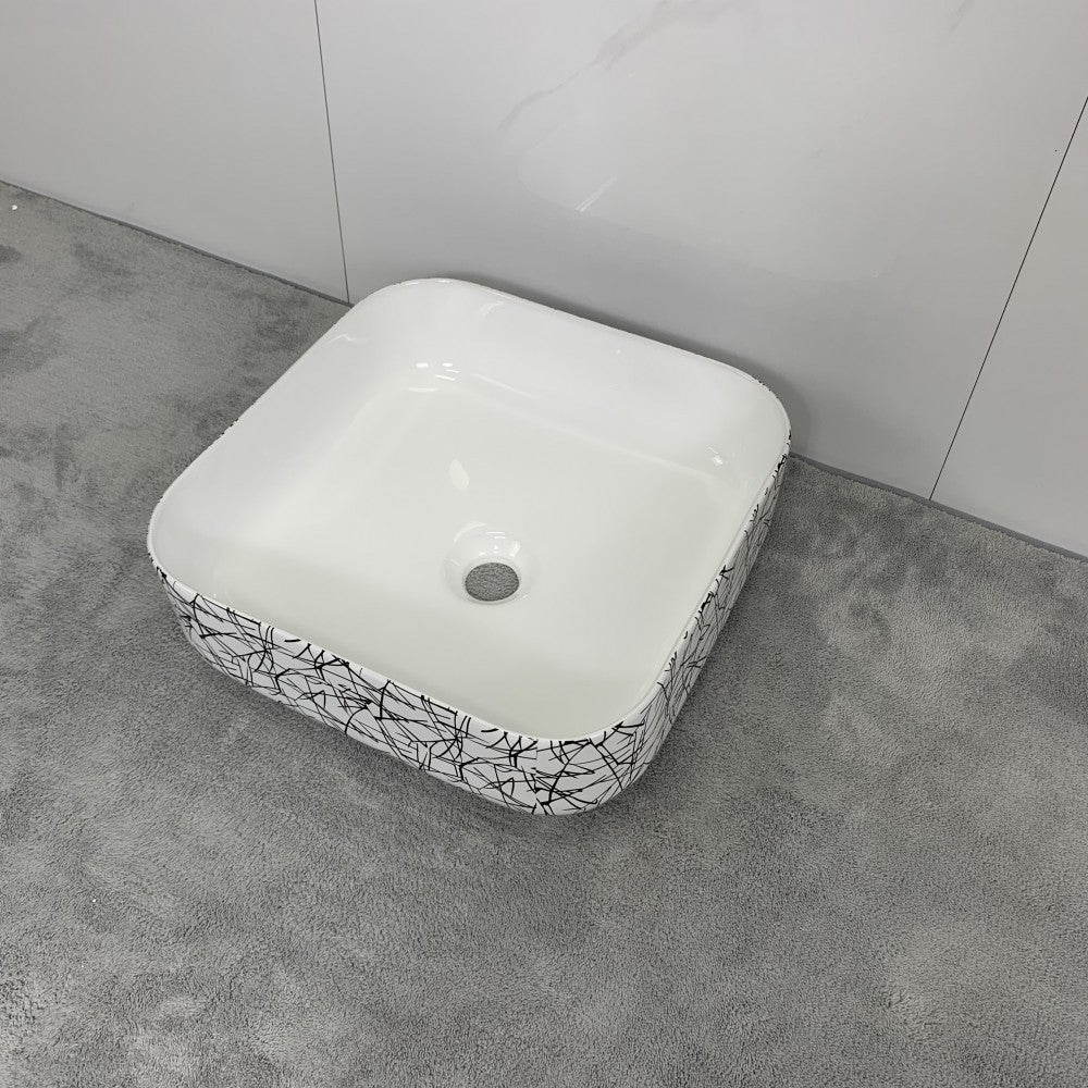 Volva 15", lavabo carré en porcelaine avec fini blanc lustré et graphiques