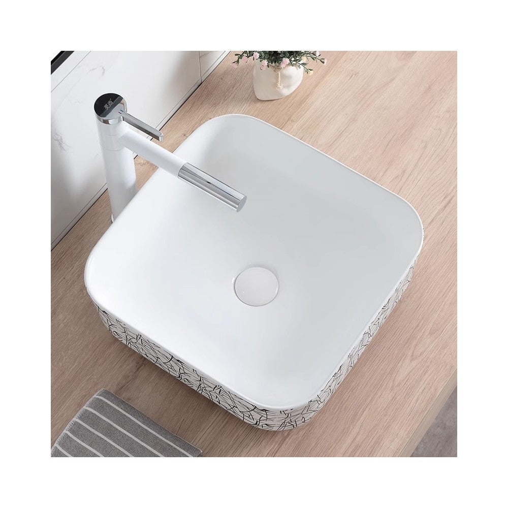 Volva 15", lavabo carré en porcelaine avec fini blanc lustré et graphiques