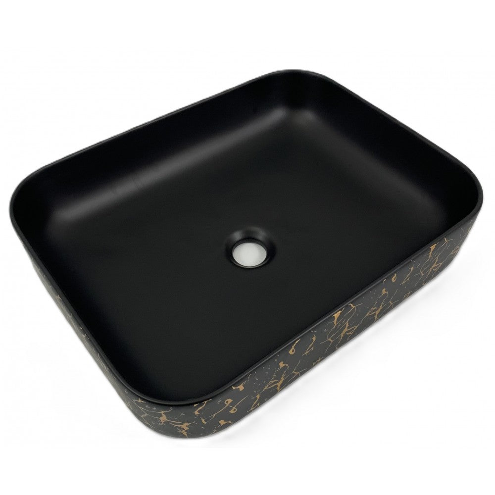 Volva, lavabo carré en porcelaine avec fini noir mat et marbrure dorée