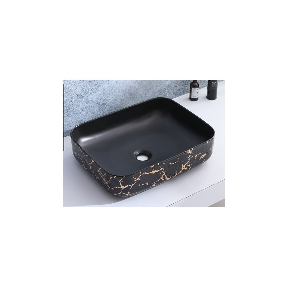 Volva, lavabo carré en porcelaine avec fini noir mat et marbrure dorée