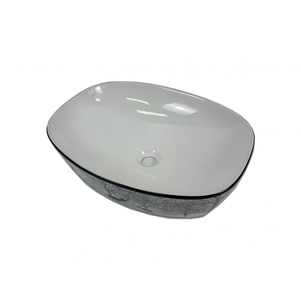 Sumatra, lavabo blanc lustré avec rebord noir et graphiques